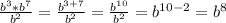 \frac{b^3 * b^7}{b^2} = \frac{ b^{3 + 7} }{ b^{2} } = \frac{ b^{10} }{b^2} = b^{10 - 2} = b^8