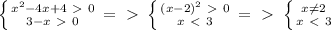 \left \{ {{x^2-4x+4\ \textgreater \ 0} \atop {3-x\ \textgreater \ 0}} \right. =\ \textgreater \ \left \{ {{(x-2)^2\ \textgreater \ 0} \atop {x\ \textless \ 3}} \right. =\ \textgreater \ \left \{ {{x \neq 2} \atop {x\ \textless \ 3}} \right.