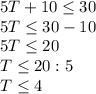 5T+10 \leq 30\\&#10;5T \leq30 - 10\\&#10;5T \leq 20\\&#10;T \leq 20 : 5\\&#10;T \leq 4