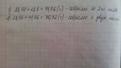 Содного поля собрали 28,96 т картофеля, а со второго на 12,8 т больше. сколько тонн картофеля собрал