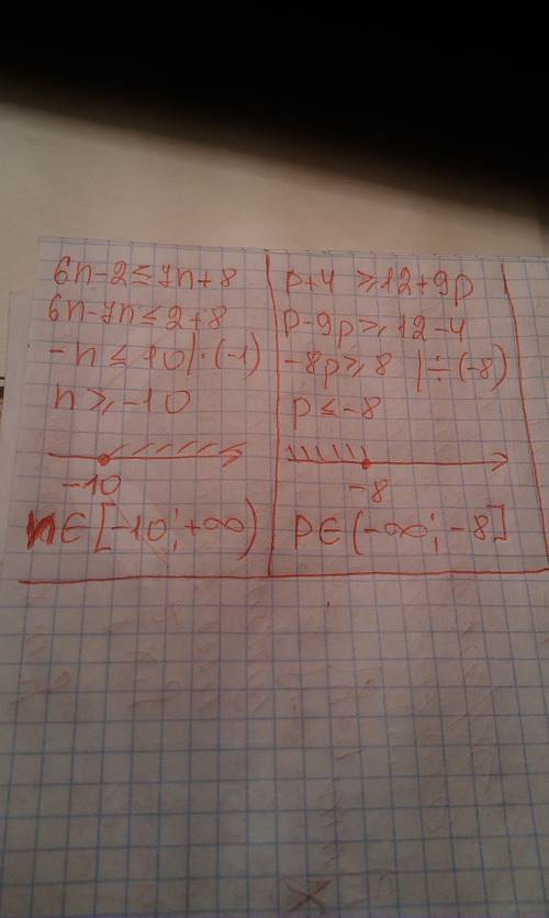 Решить неравенства: 6n-2≤7n+8 p+4> или равно 12+9p