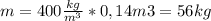 m=400 \frac{kg}{m^{3}}*0,14m{3}=56kg