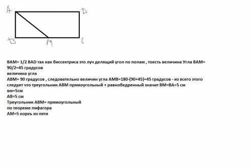 4. постройте прямоугольник abcd со сторонами ab= 5 см, ad= 8 см. проведите биссектрису am, пересекаю