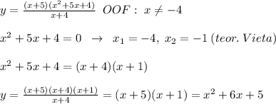 y=\frac{(x+5)(x^2+5x+4)}{x+4}\; \;OOF:\; x\ne -4\\\\x^2+5x+4=0\; \; \to \; \; x_1=-4,\; x_2=-1\; (teor.\; Vieta)\\\\x^2+5x+4=(x+4)(x+1)\\\\y=\frac{(x+5)(x+4)(x+1)}{x+4}=(x+5)(x+1)=x^2+6x+5