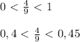 0\ \textless \ \frac{4}{9}\ \textless \ 1\\\\0,4\ \textless \ \frac{4}{9}\ \textless \ 0,45