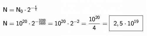 Период полураспада радия t=1600лет. определить сколько молекул вещества n останется через t=3200лет,