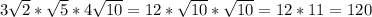 3 \sqrt{2} * \sqrt{5} *4 \sqrt{10} =12* \sqrt{10} * \sqrt{10} =12*11=120