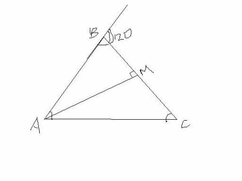 Втреугольнике авс, угол с=60 градусов. внешний угол при вершине в=120 градусов. ам - высота к сторон