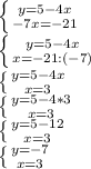 \left \{ {{y=5-4x} \atop {-7x=-21}} \right. \\ \left \{ {{y=5-4x} \atop {x=-21:(-7)}} \right. \\ \left \{ {{y=5-4x} \atop {x=3}} \right. \\ \left \{ {{y=5-4*3} \atop {x=3}} \right. \\ \left \{ {{y=5-12} \atop {x=3}} \right. \\ \left \{ {{y=-7} \atop {x=3}} \right.