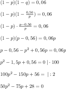 (1-p)(1-q)=0,06\\\\(1-p)(1-\frac{0,56}{p})=0,06\\\\(1-p)\cdot \frac{p-0,56}{p}=0,06\\\\(1-p)(p-0,56)=0,06p\\\\p-0,56-p^2+0,56p=0,06p\\\\p^2-1,5p+0,56=0\; |\cdot 100\\\\100p^2-150p+56=\; |:2\\\\50p^2-75p+28=0