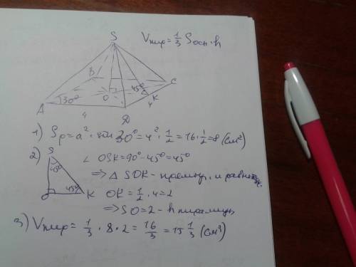 Дана пирамида в основании которой лежит ромб со сторонами 4 см. острые углы 30° , двугранные углы пр