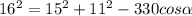 16 ^{2} =15^{2} + 11^{2}-330cos\alpha