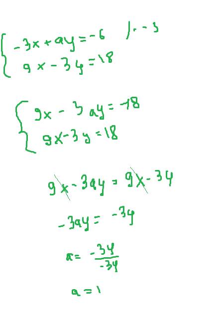 При каком значении a система уравнений имеет бесконечно много решений? {-3x+ay=-6 {9x-3y=18