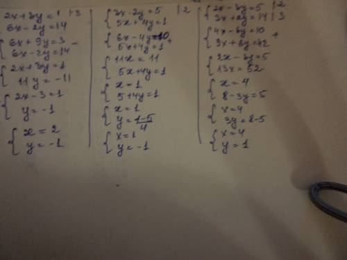 Решите системы уравнений: 1)2x+3y=1 6x-2y=14 2)3x-2y=5 5x+4y=1 3)2x-3y=5 3x+2y=14 заранее )