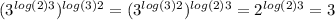 (3 ^{log(2)3} ) ^{log(3)2} =(3 ^{log(3)2} ) ^{log(2)3} =2 ^{log(2)3} =3