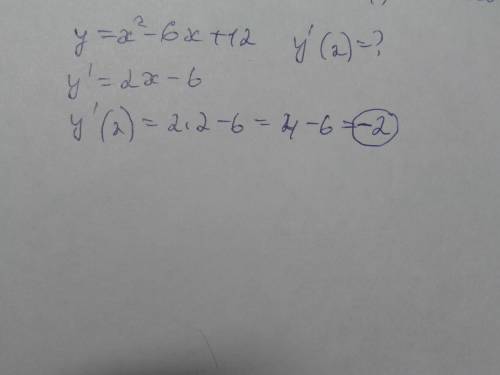 Вычислить производную функции y=x^2-6x+12 в точке x=2