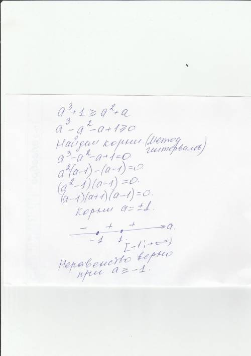 Докажите.что при а -> (больше или равно) -1 выполняется неравенство а^3+1 (больше ли равно) а^2 +