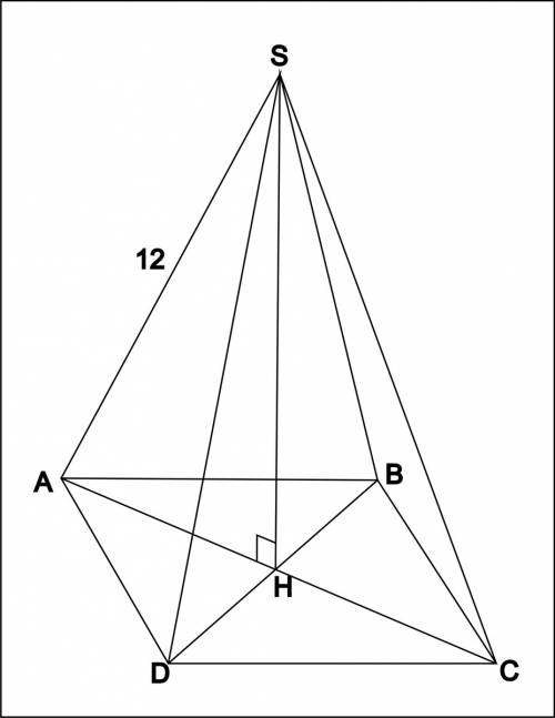 Вправильной 4-х угольной пирамиде боковое ребро равно 12 см. угол между высотой и боковым 30 градусо