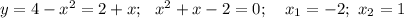 y=4-x^{2}=2+x; \ \ x^{2}+x-2=0; \ \ \ x_{1}=-2; \ x_{2}=1