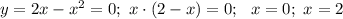 y=2x-x^{2}=0; \ x \cdot (2-x)=0; \ \ x=0; \ x=2