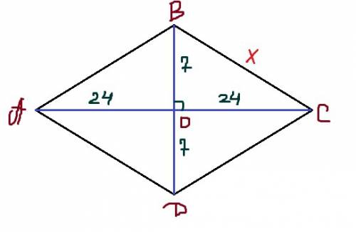 Диагонали ромба равны 14 и 48 см. найдите сторону ромба