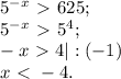 5^-^x \ \textgreater \ 625 ;&#10; \\ 5^-^x\ \textgreater \ 5^4;&#10; \\ -x\ \textgreater \ 4 |:(-1) \\ x\ \textless \ -4.