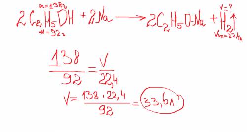 Какой объём водорода ( при н.у) полученный при действии натрия на 138 г этилового спирта