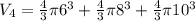 V_{4}= \frac{4}{3} \pi 6^3+ \frac{4}{3} \pi 8^3+ \frac{4}{3} \pi 10^3