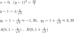 x=0,\; \; (y-1)^2=\frac{16}{3}\\\\y-1=\pm \frac{4}{\sqrt3}\\\\y_1=1-\frac{4}{\sqrt3}\approx -1,35,\; \; y_2=1+\frac{4}{\sqrt3}\approx 3,35\\\\A(0,1-\frac{4}{\sqrt3})\; ,\; \; B(0,1+\frac{4}{\sqrt3})