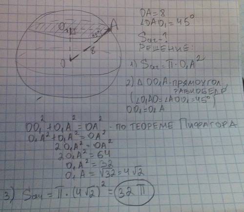 Дан шар радиусом 8 см. через конец радиуса проведена плоскость под углом 45 градусов к нему. вычисли