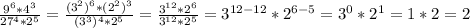 \frac{9^6*4^3}{27^4*2^5} = \frac{(3^2)^6*(2^2)^3}{(3^3)^4*2^5} = \frac{3^{12}*2^6}{3^{12}*2^5} =3^{12-12}*2^{6-5}=3^0*2^1=1*2=2