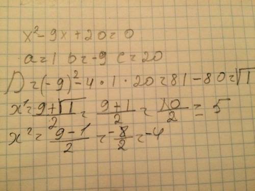 20-9x+x^2=0 решите квадратное уравнение..