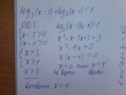 Розвязати логарифмічне рівняня log3 (x-3)+log3 (x-1)=1