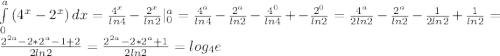 \int\limits^a_0 {(4^{x}-2^{x})} \, dx= \frac{4^{x}}{ln4}-\frac{2^{x}}{ln2}|^{a}_{0}=\frac{4^{a}}{ln4}-\frac{2^{a}}{ln2}-\frac{4^{0}}{ln4}+-\frac{2^{0}}{ln2}=\frac{4^{a}}{2ln2}-\frac{2^{a}}{ln2}-\frac{1}{2ln2}+\frac{1}{ln2}=\frac{2^{2a}-2*2^{a}-1+2}{2ln2}=\frac{2^{2a}-2*2^{a}+1}{2ln2}=log_{4}e