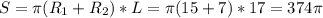 S= \pi (R_1+R_2)*L= \pi (15+7)*17=374 \pi