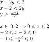 x-2y\ \textless \ 2\\x-2\ \textless \ 2y\\y\ \textgreater \ \frac{x-2}{2}\\ \\x \in [0;2] \Rightarrow 0\leqslant x\leqslant 2\\-2\leqslant x-2\leqslant 0\\-1\leqslant \frac{x-2}{2}\leqslant 0