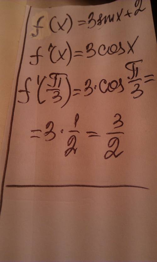 Дана функция f(x)=3sinx+2 найти f' (п/3) (найти f штрих от пи деленное на 3)