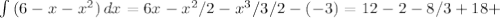 \int\limits {(6-x-x^2)} \, dx =6x-x^2/2-x^3/3/2-(-3)=12-2-8/3+18+