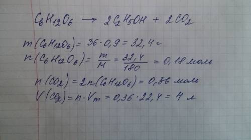 Какой объем оксида углерода (iv) образуется при брожении глюкозы массой 36 грамм, если массовая доля