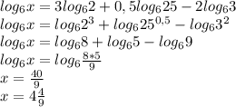 log_{6} x = 3 log_{6} 2 + 0,5log_{6} 25 - 2 log_{6} 3 \\ &#10;log_{6} x = log_{6} 2^{3} + log_{6} 25^{0,5} - log_{6} 3^{2} \\ &#10;log_{6} x = log_{6} 8 + log_{6} 5 - log_{6}9 \\ &#10;log_{6} x = log_{6} \frac{8*5}{9} \\ &#10;x = \frac{40}{9} \\ &#10;x = 4 \frac{4}{9} \\