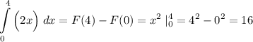 \displaystyle \int\limits^4_0 { \Big(2x \Big)} \; dx = F(4) - F(0) = x^2 \; |^4_0 = 4^2 - 0^2 = 16