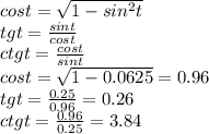 cost= \sqrt{1-sin^2t} \\ tgt = \frac{sint}{cost} \\ ctgt= \frac{cost}{sint} \\ cost= \sqrt{1-0.0625}=0.96 \\ 
tgt= \frac{0.25}{0.96}=0.26 \\ ctgt= \frac{0.96}{0.25}=3.84