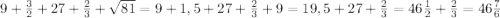 9+ \frac{3}{2} +27+ \frac{2}{3} + \sqrt{81} =9+1,5+27+ \frac{2}{3} +9=19,5+27+ \frac{2}{3} =46 \frac{1}{2} + \frac{2}{3} =46 \frac{7}{6}