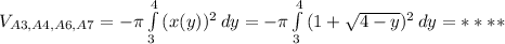 V_{A3,A4,A6,A7}= -\pi \int\limits^{4}_3 {(x(y))^2} \, dy= -\pi \int\limits^{4}_3 {(1+ \sqrt{4-y} )^2} \, dy=****