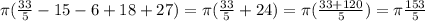 \pi ( \frac{33}{5}-15-6+18+27 )= \pi ( \frac{33}{5}+24 )=\pi ( \frac{33+120}{5} )= \pi \frac{153}{5}