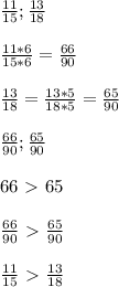 \frac{11}{15} ; \frac{13}{18} \\ \\ \frac{11*6}{15*6}= \frac{66}{90} \\ \\ \frac{13}{18} = \frac{13*5}{18*5} = \frac{65}{90} \\ \\ \frac{66}{90} ; \frac{65}{90} \\\\66\ \textgreater \ 65\\ \\ \frac{66}{90} \ \textgreater \ \frac{65}{90} \\ \\ \frac{11}{15} \ \textgreater \ \frac{13}{18}