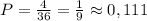 P=\frac{4}{36}=\frac{1}{9}\approx0,111