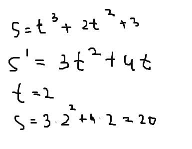 Если тело движется прямолинейно по закону s=t^3+2t^2+3, то его скорость через 2с после начала движен