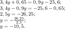 3,4y +0,65 = 0,9y - 25,6; \\ 3,4y -0,9y = -25,6-0,65; \\ 2,5y = -26,25; \\ y=- \frac{26,25}{2,5} ; \\ y=-10,5.