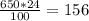 \frac{650*24}{100}=156